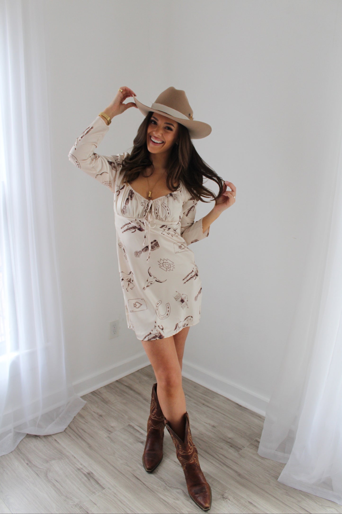 Modern Cowgirl Satin Mini Dress- Brown & Cream
