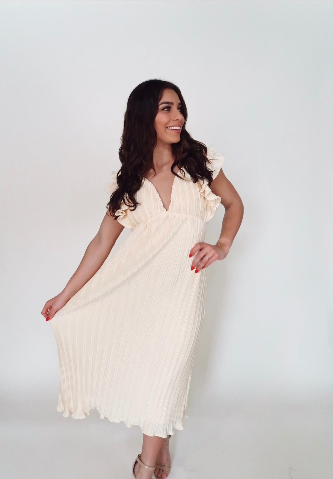 cream pleated dress Cream Pleated V Neck Maternity Maxi Dress PinkBlush