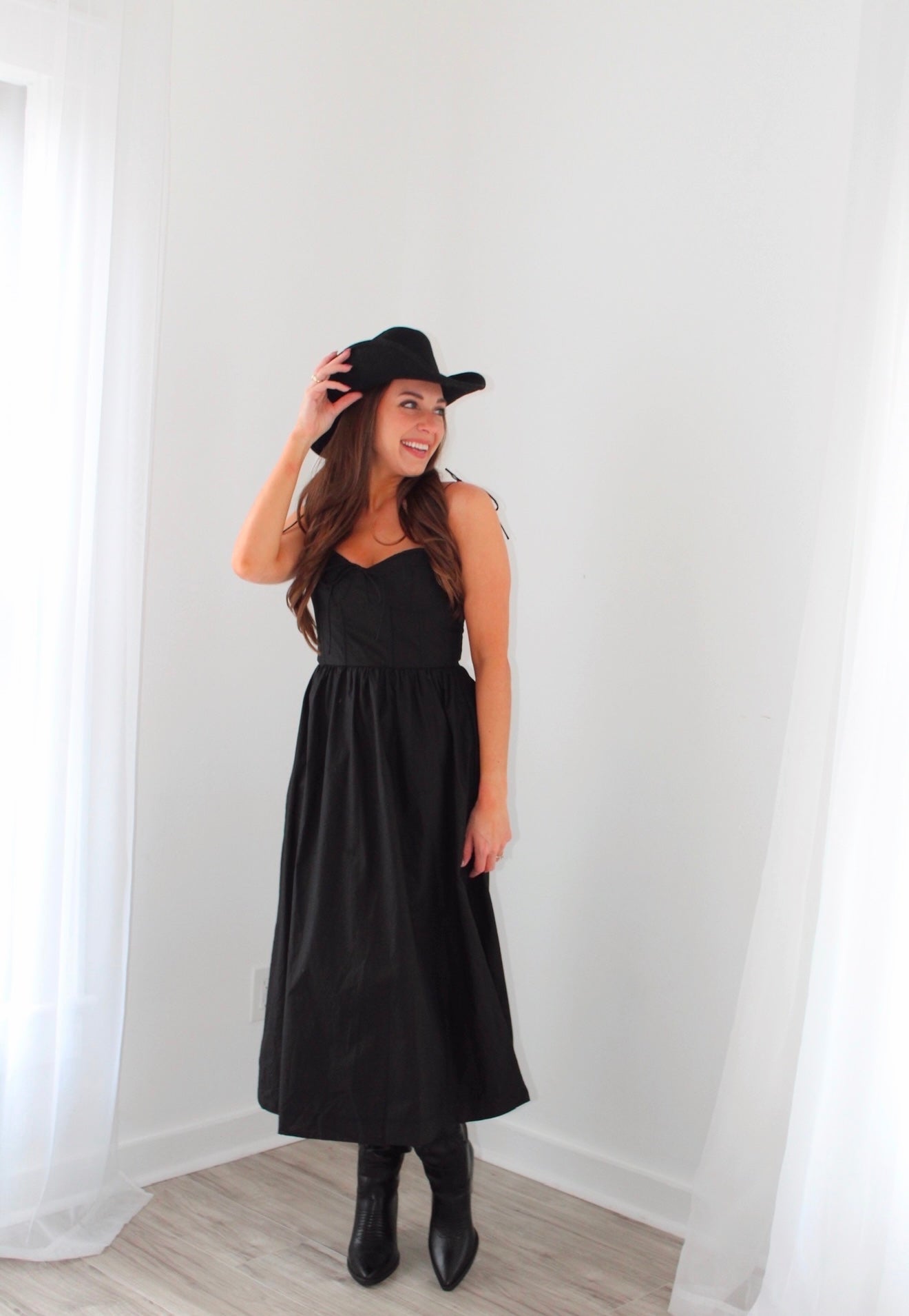 Vienna Tie-Strap Corset Midi Dress- Black