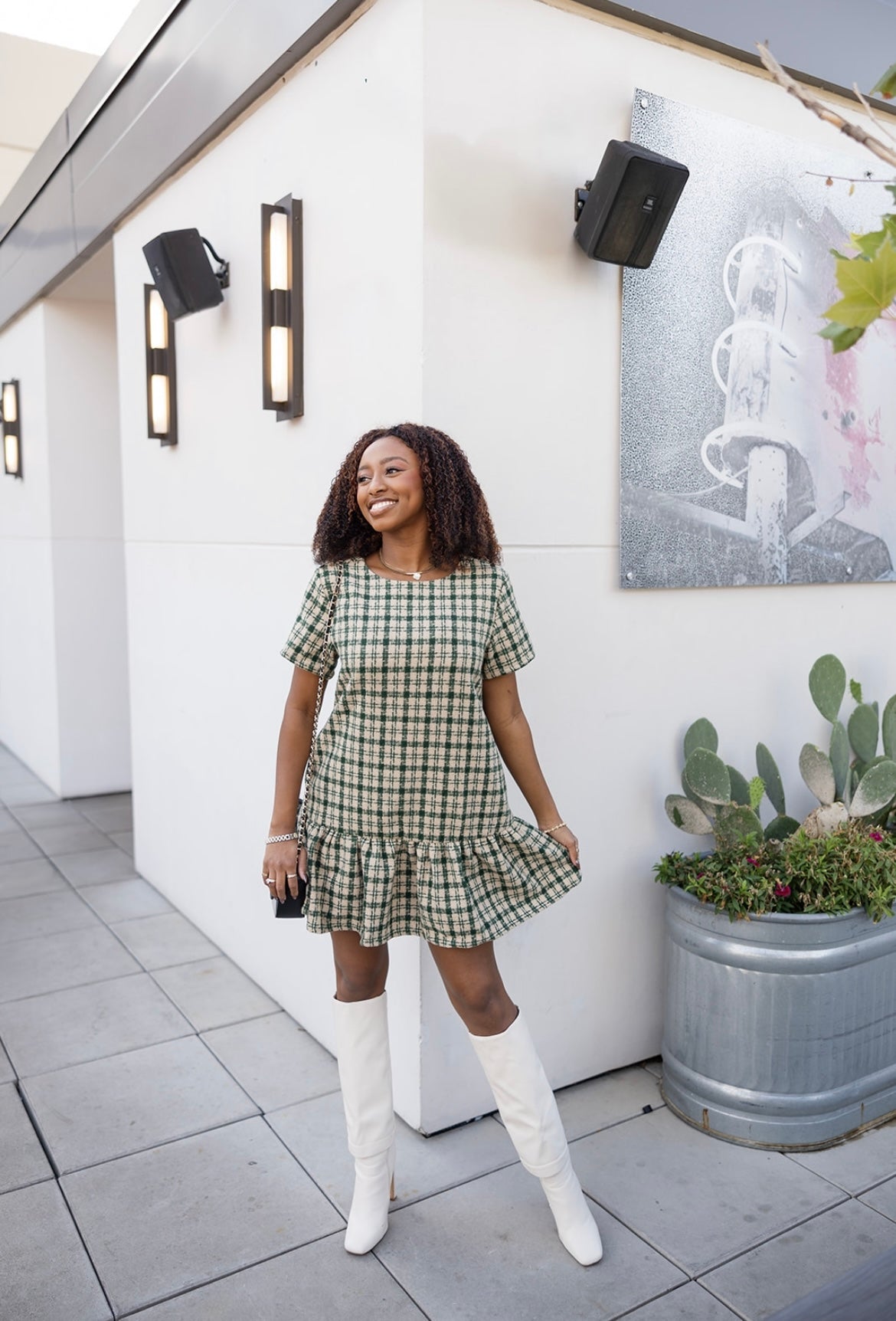 Luna Drop Waist Plaid Tweed Dress- Green Luna Drop Waist Plaid Tweed Dress- Green