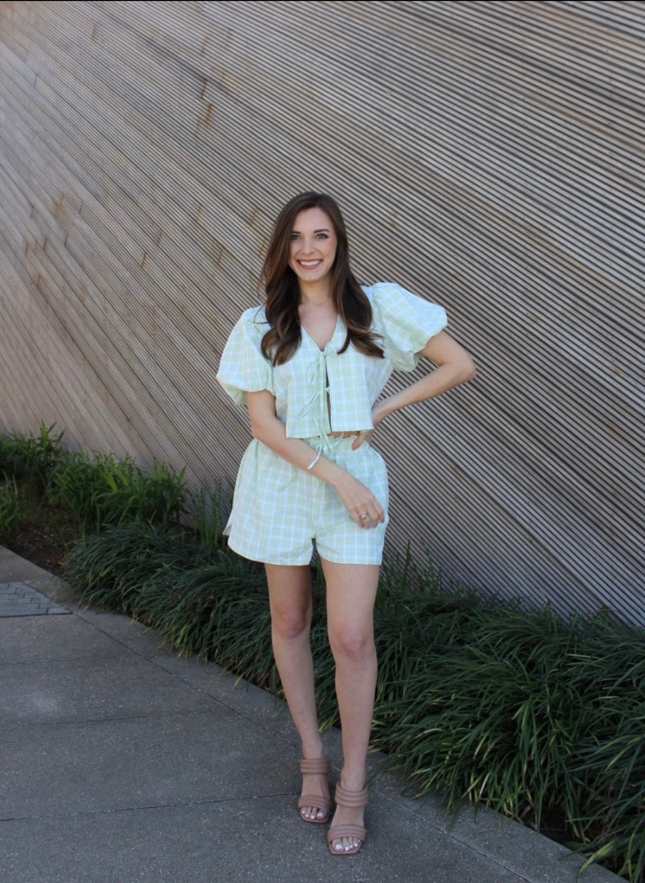 Checkered Puff Sleeve Set- Green