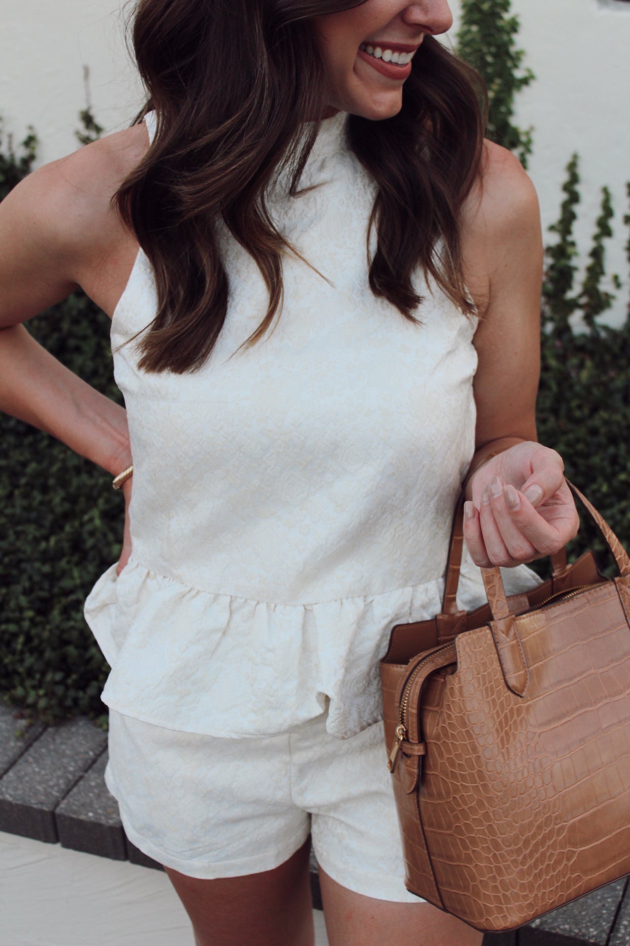 At Last Floral Textured High Neck Top- Cream