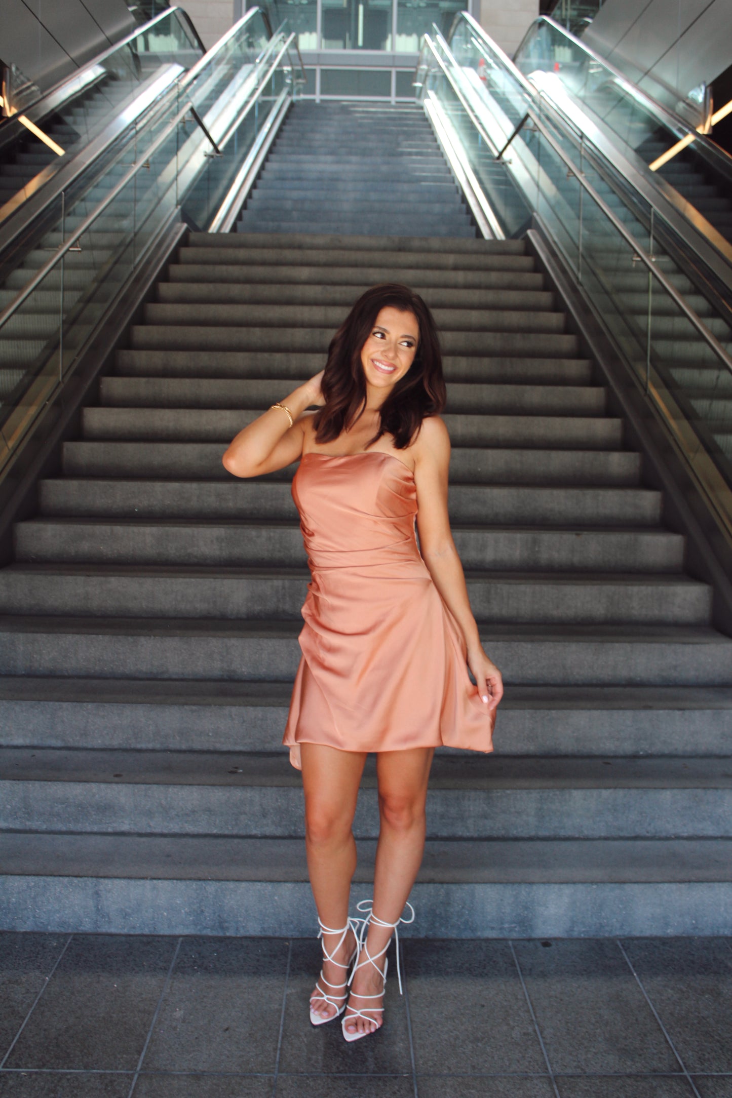 Golden Hour Satin Strapless Dress- Nude/Gold