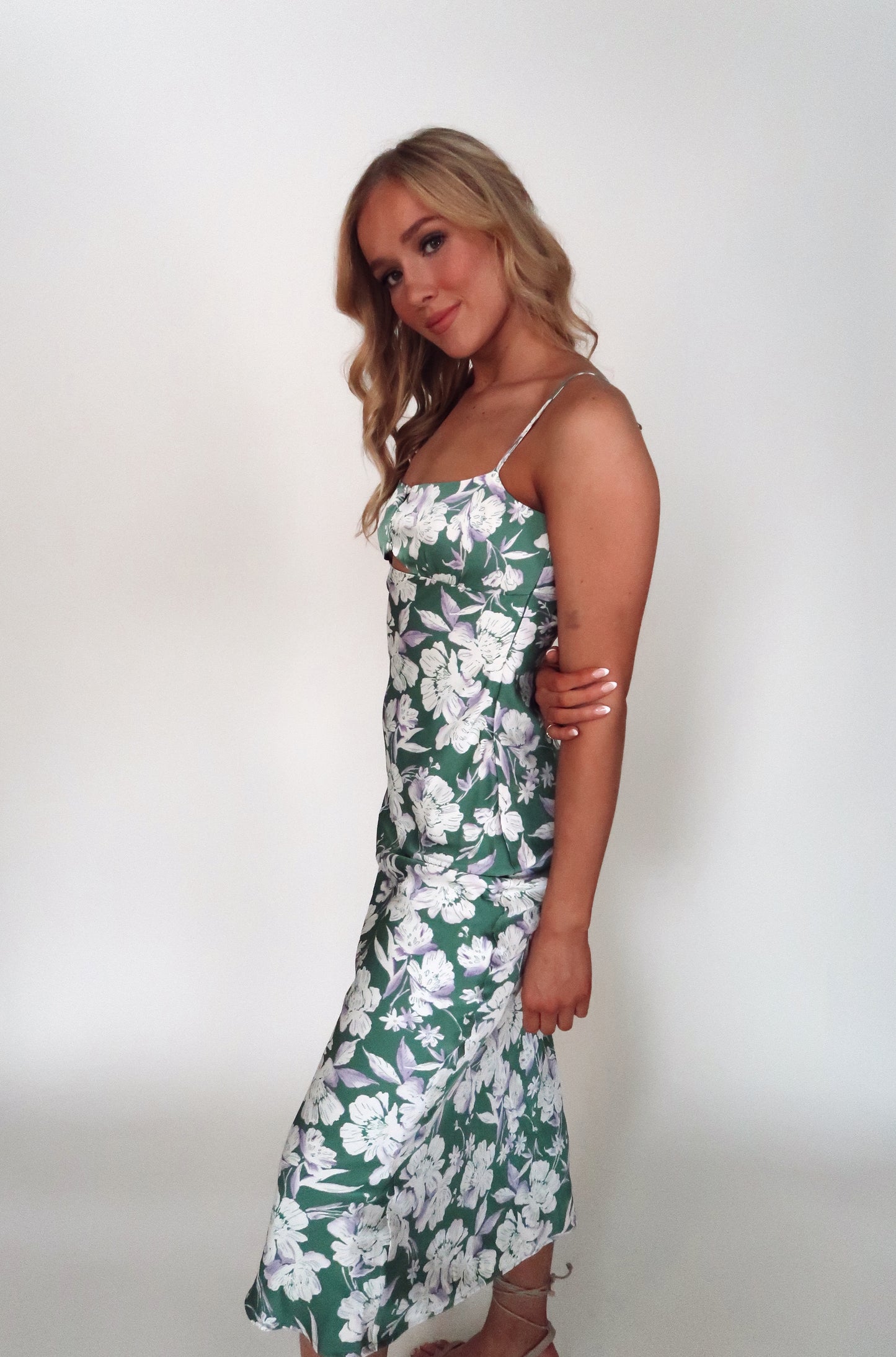 Pistachio Floral Silk Maxi Dress