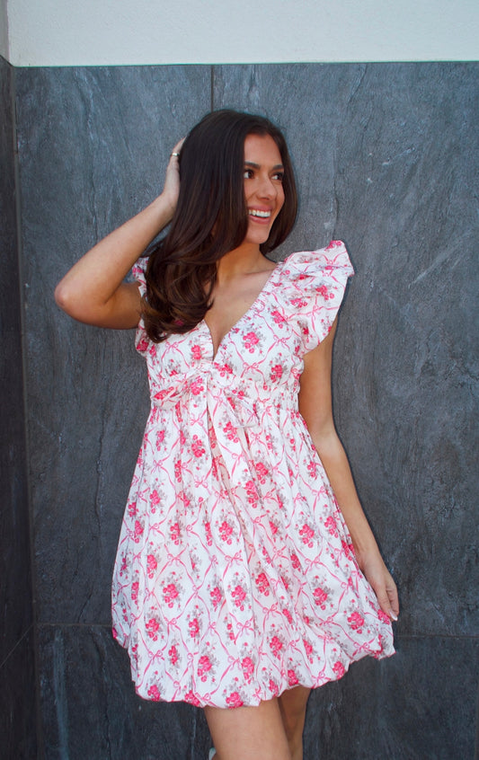 Leah Bow Dress - Pink and White