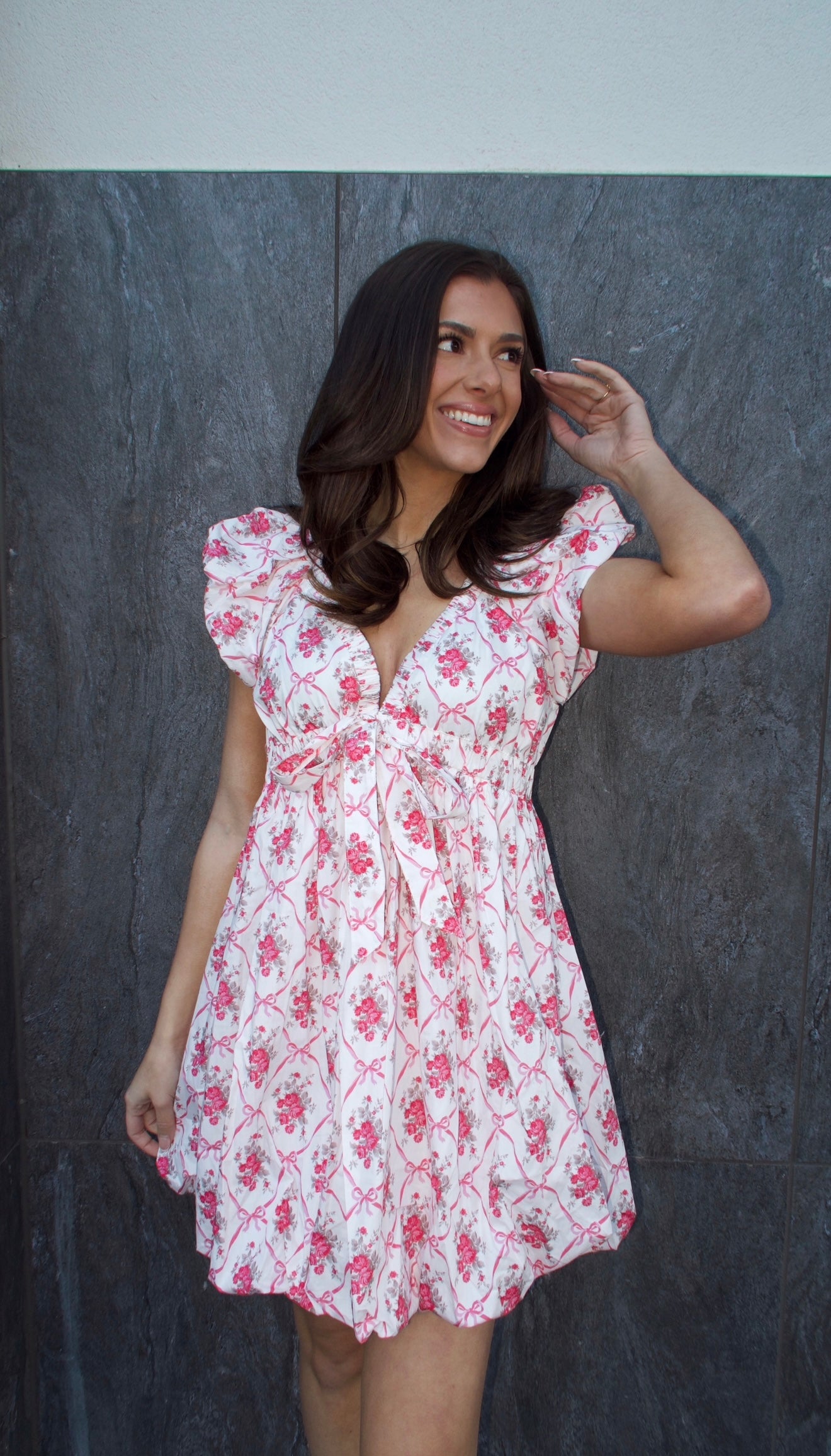 Leah Bow Dress - Pink and White