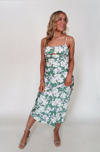 Pistachio Floral Silk Maxi Dress