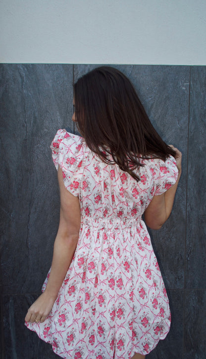 Leah Bow Dress - Pink and White