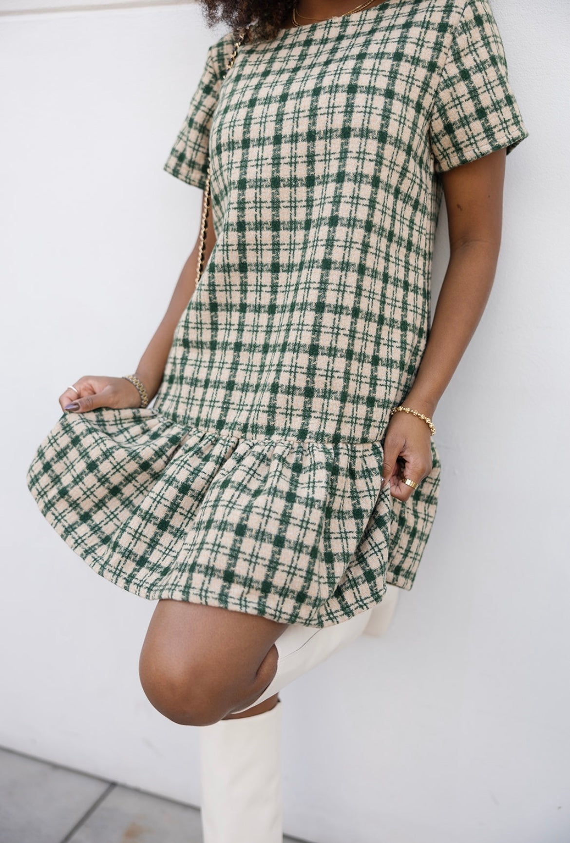 Luna Drop Waist Plaid Tweed Dress- Green