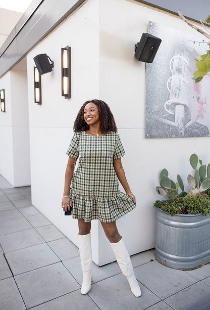 Luna Drop Waist Plaid Tweed Dress- Green Luna Drop Waist Plaid Tweed Dress- Green