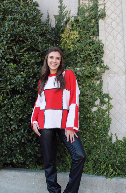 Holiday Color Block Sweater- Red