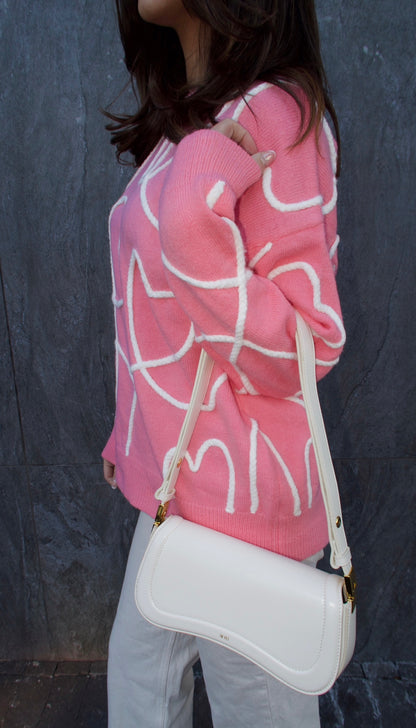 Sweetheart Sweater - Pink and White