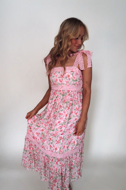 Alice Lace Strap Midi Dress- Pink Floral
