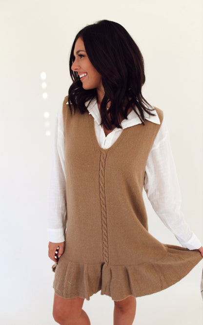 Ruffle Sweater Dress- Caramel