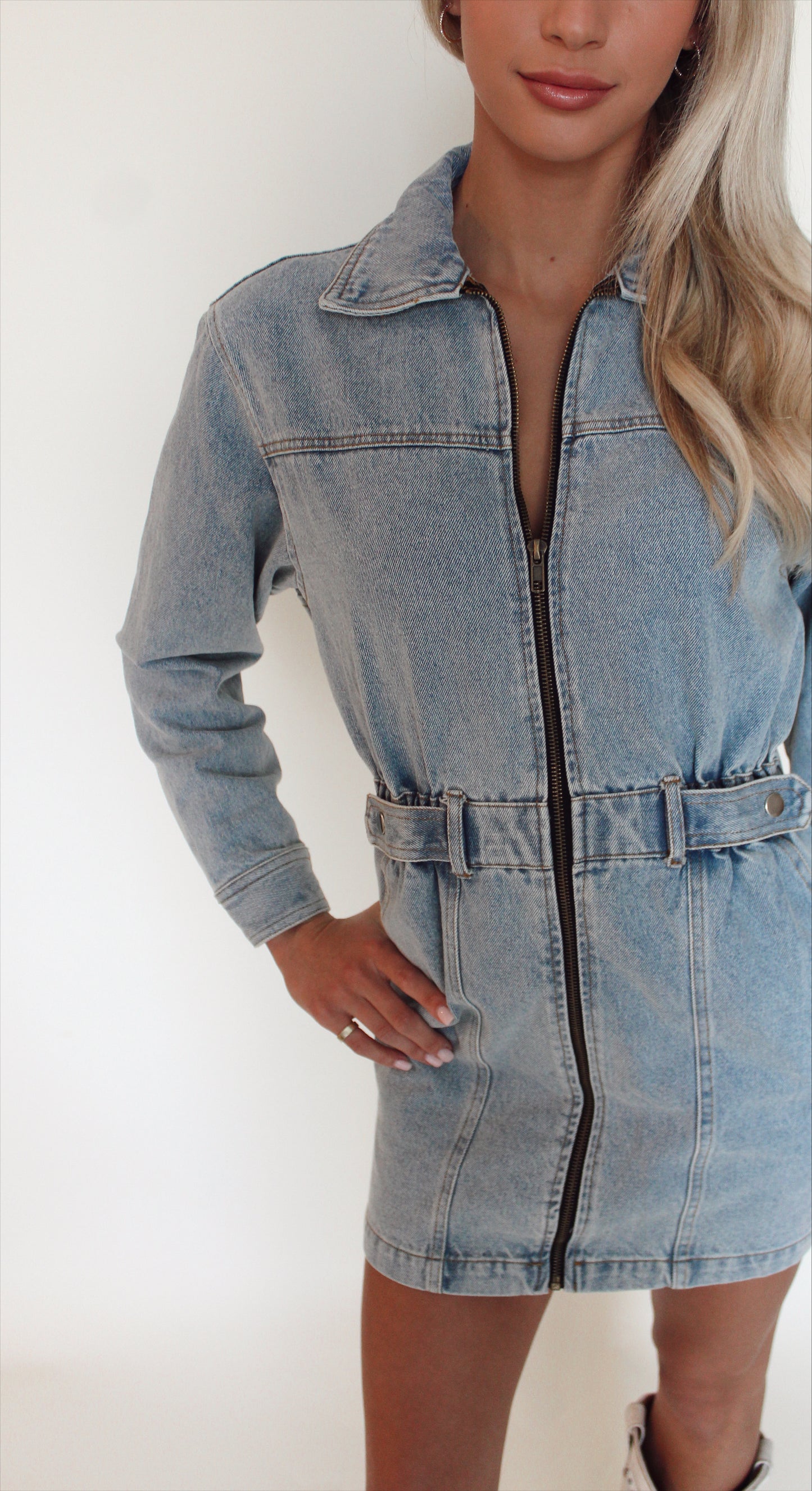 Denim Synched Waist Long-Sleeved Dress